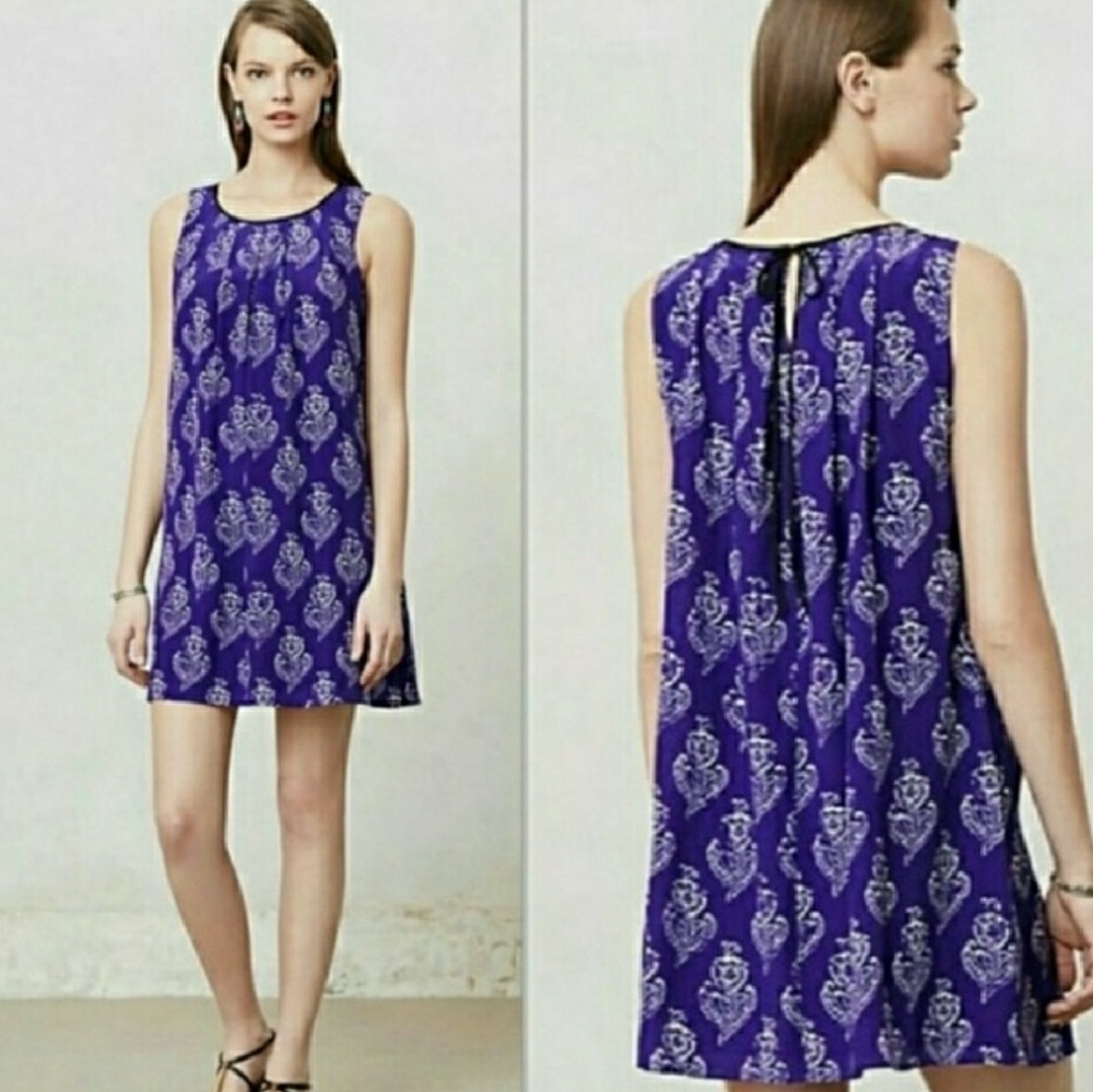 Maeve purple flower petal stamp silk shift dress